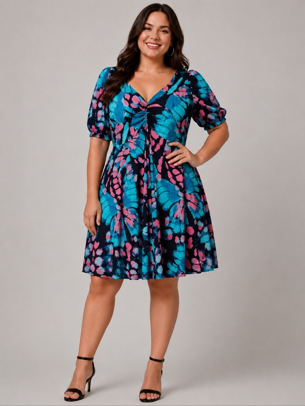 Torrid Size 1 (1X 14-16) Vibrant Teal Pink Floral Dress Puff Sleeves Ruched Bust
